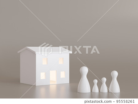 House and family figures on beige background. Insurance, homeless support, adoption concept. Buy or build a house. New property, mortgage, real estate. Home for sale. Copy space. 3d rendering. 95558261