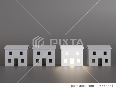 White and gray houses on gray background. Buy or sell a house. Concept for new property, mortgage and real estate investment. Homes for sale. Copy space for your text or logo, modern layout. 3d render White and gray houses on gray background. Buy or sell a house. Concept for new property, mortgage and real estate investment. Homes for sale. Copy space for your text or logo, modern layout. 3d render 95558271