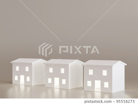 White houses on beige background. Buy or sell a house. Concept for new property, mortgage and real estate investment. Homes for sale. Copy space for your text or logo, modern layout. 3d rendering. White houses on beige background. Buy or sell a house. Concept for new property, mortgage and real estate investment. Homes for sale. Copy space for your text or logo, modern layout. 3d rendering. 95558273