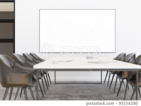 Conference room with blank, empty TV screen. Monitor mock up. Business meeting room with LCD screen for presentation, advertising. Modern, contemporary office. Free, copy space, template. 3d rendering Conference room with blank, empty TV screen. Monitor mock up. Business meeting room with LCD screen for presentation, advertising. Modern, contemporary office. Free, copy space, template. 3d rendering 95558280