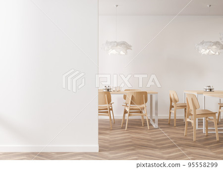 Empty white wall in modern cafe. Mock up restaurant interior in contemporary style. Free, copy space for your advertising banner, artwork, picture, text, or other design. Empty space. 3D rendering. 95558299