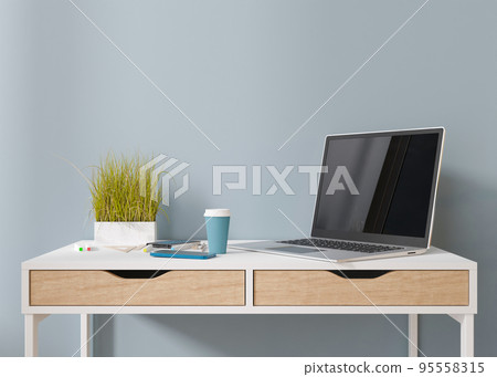 Laptop and smartphone on table at home. Distance education, courses, online training, learning concept. Work from home, working online. Shopping via internet. E-commerce. Modern interior. 3D render. Laptop and smartphone on table at home. Distance education, courses, online training, learning concept. Work from home, working online. Shopping via internet. E-commerce. Modern interior. 3D render. 95558315