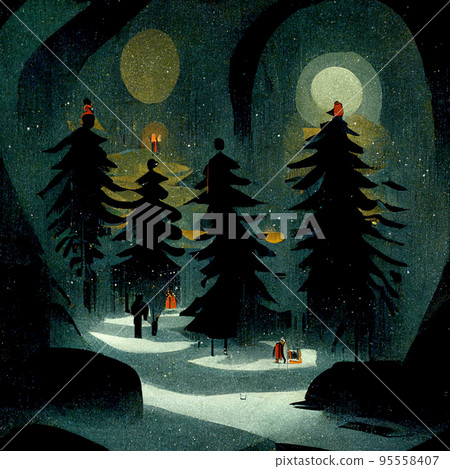 Splendid view of snow-capped spruces on a frosty evening. Fabulous nature digital generated illustration. 95558407