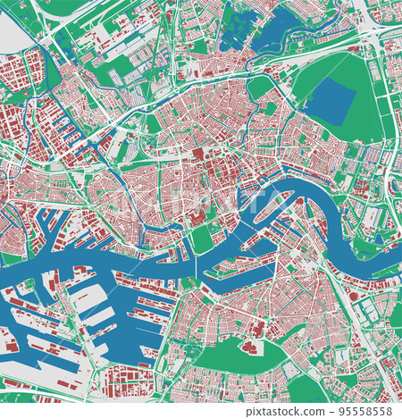Rotterdam map. Detailed map of Rotterdam city administrative area. Cityscape urban panorama. Outline map with buildings, water, forest. 95558558