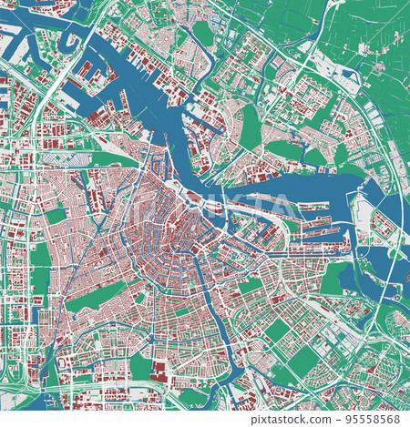 Amsterdam map. Detailed map of Amsterdam city administrative area. Cityscape urban panorama. Outline map with buildings, water, forest. Amsterdam map. Detailed map of Amsterdam city administrative area. Cityscape urban panorama. Outline map with buildings, water, forest. 95558568
