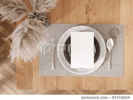 White vertical flyer mock up with home accessories and plates on the table. Paper sheet, blank template for your design. Top view, close-up. Brochure, menu card, invitation presentation. 3D rendering. White vertical flyer mock up with home accessories and plates on the table. Paper sheet, blank template for your design. Top view, close-up. Brochure, menu card, invitation presentation. 3D rendering. 95558604