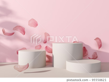 Podiums set with flying flower petals on pink background. Elegant stage for product, cosmetic presentation. Mock up. Pedestal or platform for beauty products. Spring, blossom. Empty scene. 3D render. 95558621