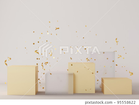 Set of podiums with falling confetti on beige background. Elegant podiums for product, cosmetic presentation. Luxury mockup. Pedestal or platform for beauty products. Empty scene. 3D rendering. 95558622
