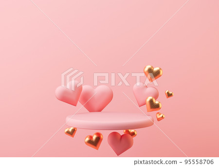 Pink podium with hearts flying in the air. Valentine's Day, Wedding, Anniversary. Podium for product, cosmetic presentation. Mock up. Pedestal or platform for beauty products. 3D illustration. Pink podium with hearts flying in the air. Valentine's Day, Wedding, Anniversary. Podium for product, cosmetic presentation. Mock up. Pedestal or platform for beauty products. 3D illustration. 95558706