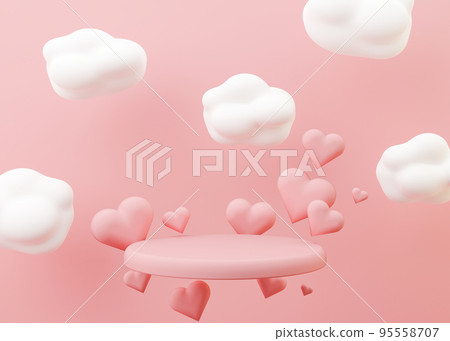 Pink podium with hearts and clouds flying in the air. Valentine's Day, Wedding. Podium for product, cosmetic presentation. Mock up. Pedestal or platform for beauty products. 3D illustration. 95558707