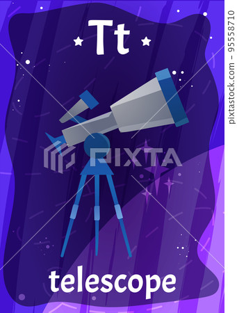 Cartoon printable space alphabet flashcard with letter T and telescope 95558710