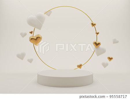 Cream white podium with hearts and golden ring. Valentine's Day, Wedding, Anniversary. Podium for product, cosmetic presentation. Mock up. Pedestal or platform for beauty products. 3D illustration. Cream white podium with hearts and golden ring. Valentine's Day, Wedding, Anniversary. Podium for product, cosmetic presentation. Mock up. Pedestal or platform for beauty products. 3D illustration. 95558717