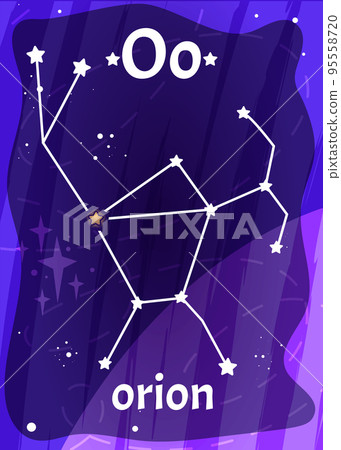 Cartoon space alphabet flashcard with letter O and orion constellation 95558720