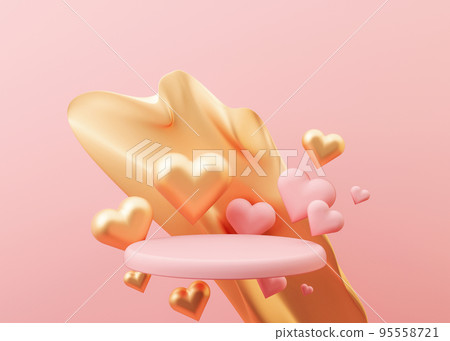 Pink podium with liquid splash and hearts flying in the air. Valentine's Day, Wedding, Anniversary. Podium for product, cosmetic presentation. Mock up. Pedestal for beauty products. 3D illustration. 95558721