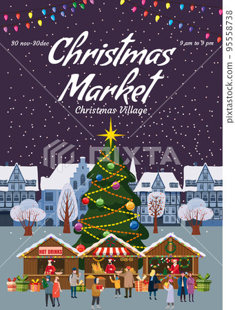 Christmas market poster template. Xmas fair card with decorated Christmas tree Christmas market poster template. Xmas fair card with decorated Christmas tree 95558738