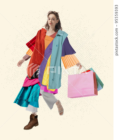 Creative art portrait of fashionable woman wearing a lot of diverse clothes over white background. Beauty, fashion, style, shopping addiction Creative art portrait of fashionable woman wearing a lot of diverse clothes over white background. Beauty, fashion, style, shopping addiction 95559393