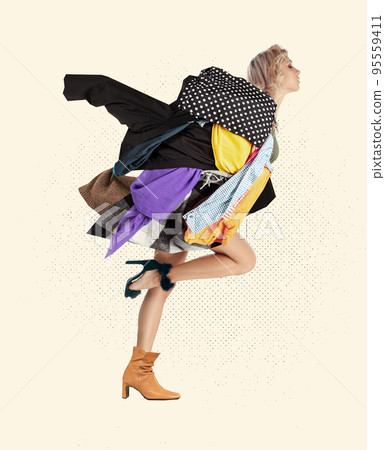 Creative art portrait of fashionable woman wearing a lot of diverse clothes over white background. Beauty, fashion, style, shopping addiction Creative art portrait of fashionable woman wearing a lot of diverse clothes over white background. Beauty, fashion, style, shopping addiction 95559411