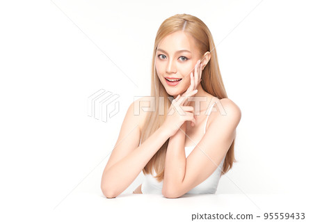 Beautiful young asian woman with clean fresh skin on white background, Face care, Facial treatment, Cosmetology, beauty and spa, Asian women portrait. Beautiful young asian woman with clean fresh skin on white background, Face care, Facial treatment, Cosmetology, beauty and spa, Asian women portrait. 95559433