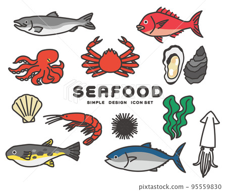 金槍魚和章魚等海鮮的簡單可愛的矢量插圖/漁業/海鮮/食品 95559830