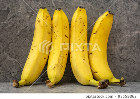 Four yellow bananas leaning on a grey stone background Four yellow bananas leaning on a grey stone background 95559862