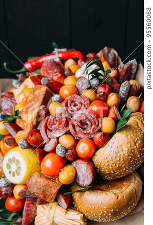 Delicious edible bouquet of sausage, tomatoes, cheese. Gift for man. 95560088