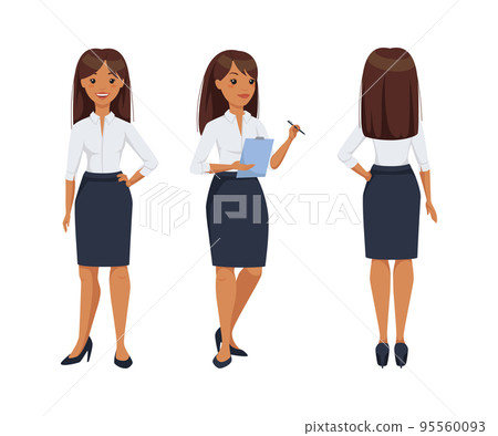 Office Woman Character Wearing Formal Suit in Standing Pose Vector Set 95560093