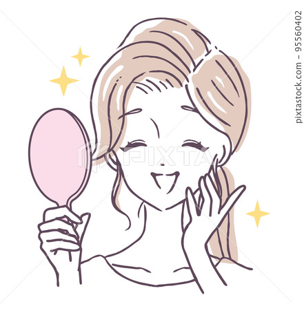 Illustration material of a happy young woman looking at the mirror with a sparkling smile Illustration material of a happy young woman looking at the mirror with a sparkling smile 95560402