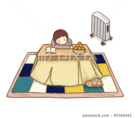 A man and a cat sleeping under a kotatsu (transparent) 95560481