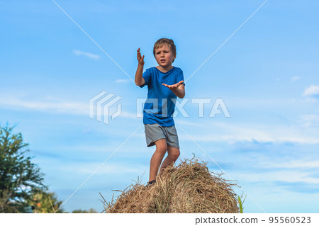 Boy smile play dance grimace show off blue t-shirt stand on haystack bales of dry grass, clear sky sunny day. Balance training. Concept happy childhood, children outdoors, clean air close to nature 95560523