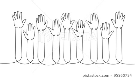 Hands up one line continuous drawing. Public opinion, user feedback continuous one line illustration. Vector minimalist linear illustration. 95560754