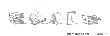 Books set one line continuous drawing. Bookstore, library continuous one line illustration. Vector minimalist linear illustration. 95560764