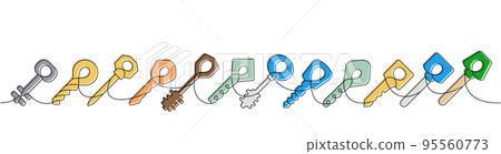 Set of Key one line colored continuous drawing. Home key continuous one line colorful set illustration. Vector minimalist linear illustration 95560773
