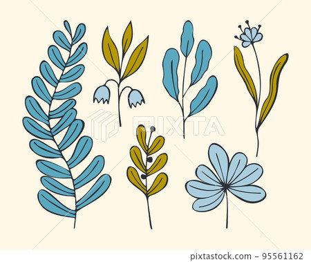 Set doodle coloring flower twigs hand drawn, contour, isolated 95561162