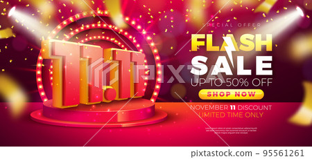 11 November Shopping Day Flash Sale Design with 3d 11.11 Number and Stage Podium on Red Background. Vector Special Offer Illustration for Coupon, Voucher, Banner, Flyer, Promotional Poster, Invitation 95561261
