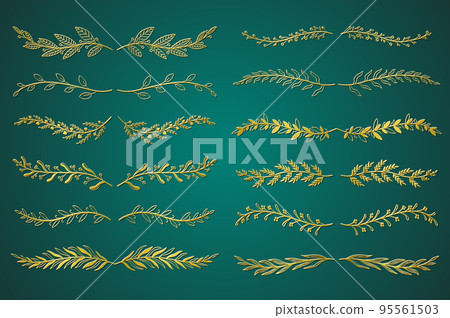Gold floral ornament dividers set in hand drawn design. Herbs and twigs vignetting elements. Bundle of botanical ornaments scrolls decoration and decorative branch. Vector illustration. 95561503