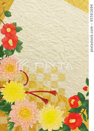 Elegant Japanese pattern frame of chrysanthemum, camellia and Japanese paper Elegant Japanese pattern frame of chrysanthemum, camellia and Japanese paper 95561694