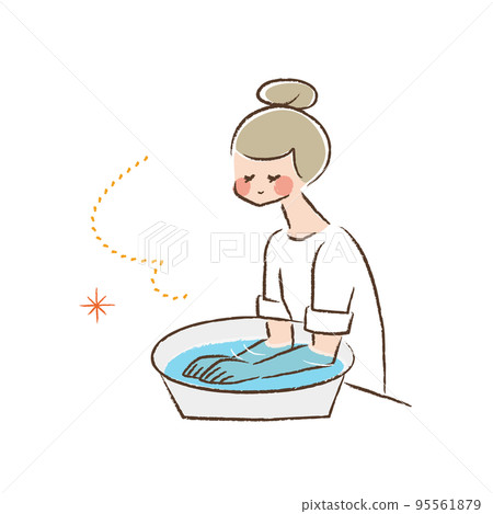 Color line drawing of a woman doing a hand elbow bath Color line drawing of a woman doing a hand elbow bath 95561879