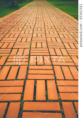 Selective focus shot of many bricks walkway. 95562381