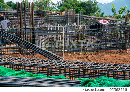 Iron RB ground beam in building construction site 95562516
