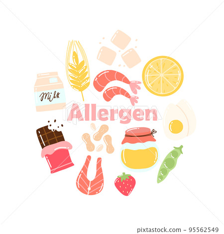 Food Allergens. Allergen Products Collection. Vector illustration. Allergy. Drawn style. Allergen fish, egg, honey, gluten, milk. Food Allergens. Allergen Products Collection. Vector illustration. Allergy. Drawn style. Allergen fish, egg, honey, gluten, milk. 95562549