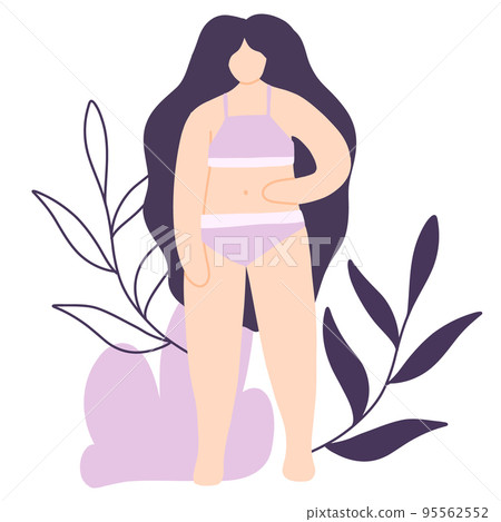 Woman body positive. Poster with girl and leaves. Vector illustration. Flat style. Woman body positive. Poster with girl and leaves. Vector illustration. Flat style. 95562552