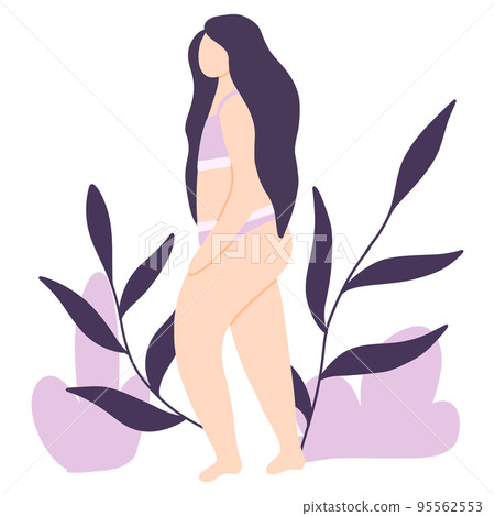 Woman body positive. Poster with girl and leaves. Vector illustration. Flat style. 95562553