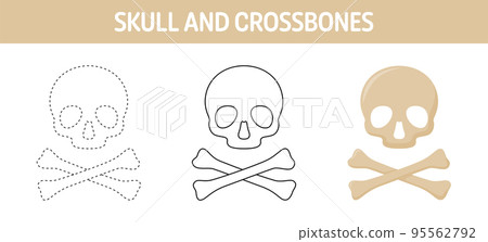 Skull And Crossbones tracing and coloring worksheet for kids 95562792