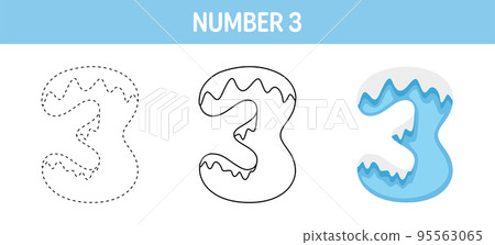 Number 3 Snow tracing and coloring worksheet for kids 95563065