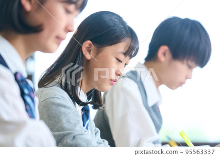 Male and female junior high school students studying Male and female junior high school students studying 95563337
