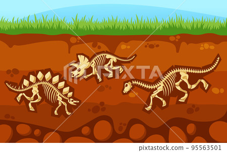 Soil Layer With Dinosaur Skeletons, Dead Animals Inside Of Earth Underground Surface With Prehistoric Reptile Bones 95563501