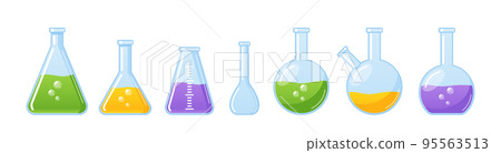 Set Of Transparent Laboratory Glassware Instruments. Equipment For Chemical Lab, Beaker, Tube And Flask For Experiment 95563513