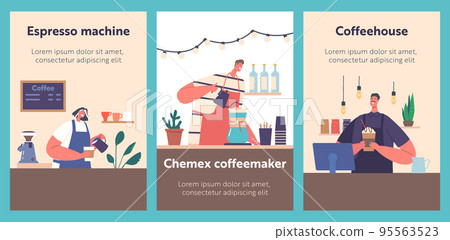 Coffee House Cartoon Banners. Barista Men and Women Making Coffee, Friendly Male and Female Characters Work in Cafe Coffee House Cartoon Banners. Barista Men and Women Making Coffee, Friendly Male and Female Characters Work in Cafe 95563523