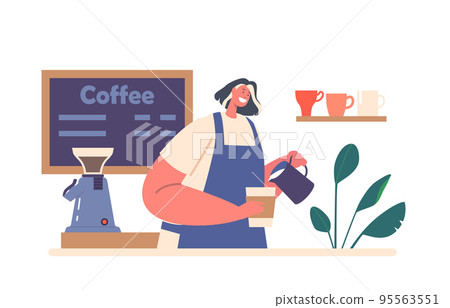 Barista Girl Making Coffee Pouring Hot Milk In Cup With Fresh Drink. Female Character Wear Apron Work In Cafe 95563551