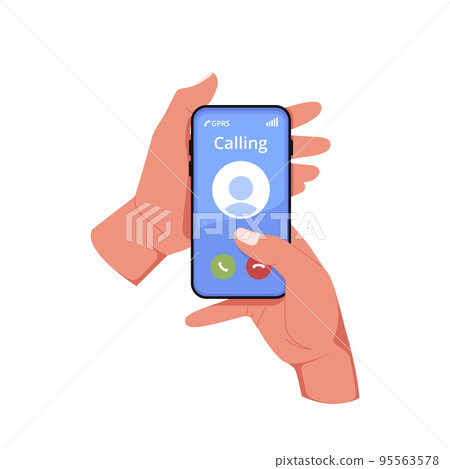 Hand Holding Mobile Phone In Vertical Position Isolated On White Background. Human Palms With Smartphone Push Button Hand Holding Mobile Phone In Vertical Position Isolated On White Background. Human Palms With Smartphone Push Button 95563578